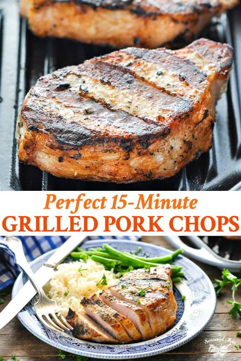 This is truly the perfect 15-Minute Grilled Pork Chops recipe! A simple seasoning and a few minutes on the grill yields juicy, tender meat for an easy dinner any night of the week. Grilled Pork Chops Boneless, Grilling Thick Pork Chops, Grilled Pork Chop Recipes, Pork Chop Recipes Grilled, Pork Chop Seasoning, Recipes Meat, Easy Grilling Recipes, Tender Meat, Grilled Meat Recipes