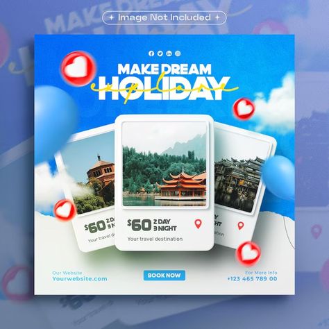 Free PSD | Travel holiday vacation social media post template with photo frame Social Media Frame Design, Resort Social Media Post Design, Holiday Social Media Design, Travel Agency Social Media Design, Travel Posts Instagram, Travel Post Design, Travel Social Media Design, Social Media Post Design Ideas, Travel Instagram Post