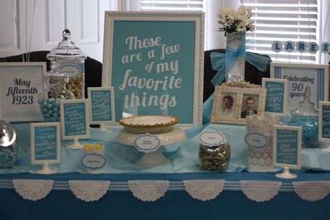 A birthday party should feature the things the guest of honor enjoys most in life - and a "These Are a Few of My Favorite Things" 90th birthday party theme is a fun and memorable theme to tie it all together!These Are a Few of My Favorite Things Party Inspiration #1 - BlueSaveI found this … 90th Birthday Party Theme, 90th Birthday Party Favors, 90th Birthday Party Decorations, Grandmas Birthday Party, 90th Birthday Party, Favorite Things Party, 90th Birthday Parties, 100th Birthday Party, 85th Birthday