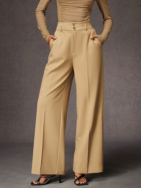 Urban Plain Loose Straight Long Pants | stylewe Tan Pants Outfit Work, Tan Pants Outfit, Professional Fits, Sleeveless Kimono, Over The Knee Boot Outfit, Meeting Outfit, Black Thigh High Boots, Swimsuit Fabric, Tan Pants