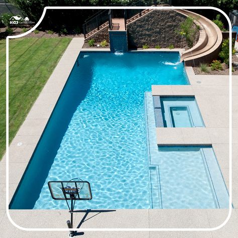 KCJ Landscaping has been one of the leading swimming pool contractors in Dubai Vinyl Swimming Pool, Swimming Pool Slides, Backyard Plans, Backyard Landscaping With Pool, Valley House, Rectangle Pool, Leisure Pools, Big Pools, Fiberglass Swimming Pools