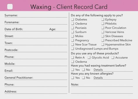 Esthetician Goals, Client Record Card, Waxing Business, Client Card, Esthetician Life, Client Consultation, Record Card, Waxing Room, Esthetician School