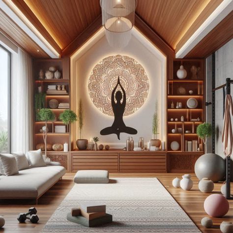 Transform your home gym into a peaceful sanctuary with yoga and meditation areas. Perfect for balanced workouts. #YogaSpace #MeditationArea #HomeFitness #CustomGym #ZenWorkout Home Gym Design Luxury, Home Gym Setup, Gym Setup, Gym Room At Home, Gym Interior, Meditation Area, Unique Workouts, Yoga Space, Home Gym Design