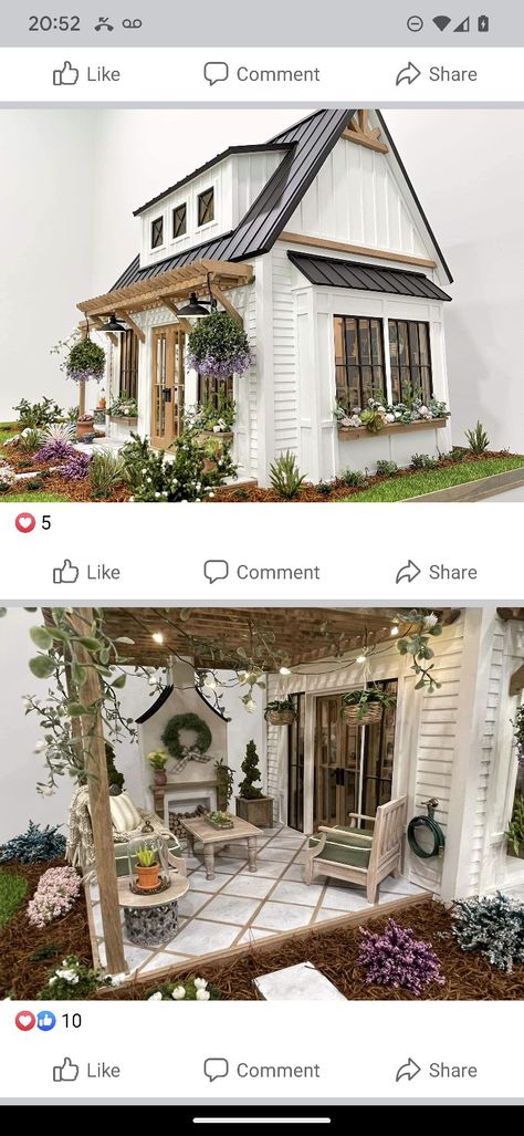 Dollhouse Farmhouse Style, Doll House Exterior Ideas, Dollhouse Painting Ideas Exterior, Dollhouse Outside, Victoria's Farmhouse Dollhouse, Dollhouse Exterior Ideas, Dollhouse Attic, Dollhouse Patio, Dollhouse Exterior