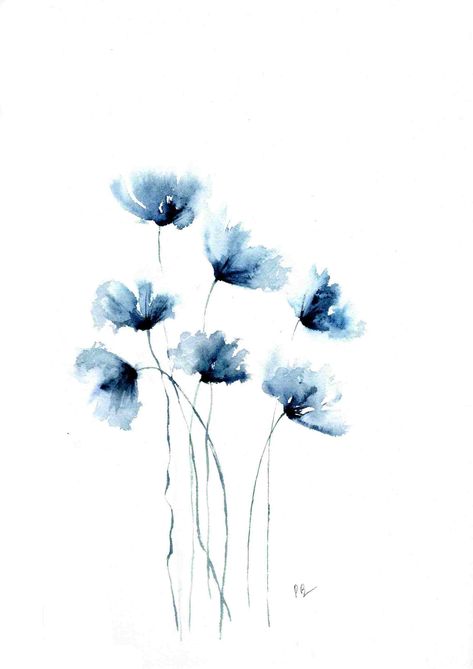 Blue poppies by ColorMeWaterShop on Etsy Wet Flowers, Blue Watercolor Background, Abstract Poppies, Blue Poppies, Blue Watercolor Floral, Hanukkah Cards, Painting Minimalist, Blue Poppy, Minimalist Flowers