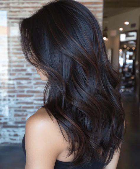 Dark Hair Some Highlights, Dark Neutral Balayage, Dark Hair Cut Ideas For Brunettes, Dark Brown Hair With Cool Tones, Dark Hair Color With Dimension, Dark Brown Hair Ideas For Fall, Espresso Highlights On Brown Hair, Low Lights Brown Hair Dark, Brown Hilights On Black Hair Dark