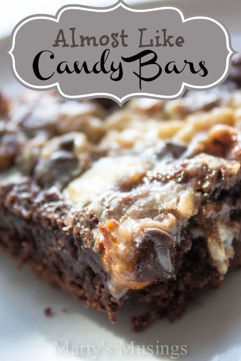 Need an easy candy bar cake that will get raves from your family and friends? Try this easy Almost Like Candy Bars recipe and mix and match the chocolate! #martysmusings #almostlikecandybars #candybardessert #candybardessertbars #cakemixbrownierecipe #easychocolatedessert #sweetenedcondensedmilk Gf Cake, Candy Bar Cake, Candy Bar Recipe, Bar Cake, Easy Candy, Devils Food Cake Mix Recipe, Tiramisu Dessert, Easy Chocolate Desserts, Chocolate Chip Bars