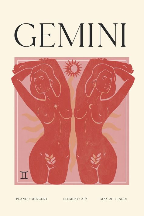 Gemini Illustration Art, Gemini Astrology Art, Gemini Party, Gemini Artwork, Gemini Goddess, Gemini Poster, Gemini Szn, Gemini Print, Gemini Aesthetic