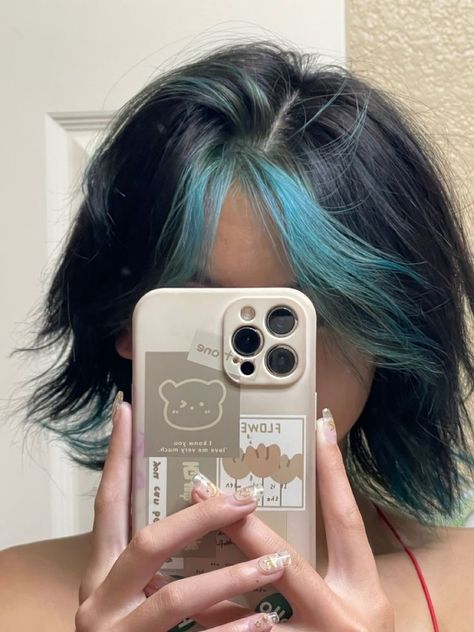 Haircuts With Dyed Hair, Black To Teal Hair, Black Teal Hair, Underbangs Dyed, Teal Wolfcut, Black Hair With Teal Highlights, Teal Highlights In Black Hair, Teal Underneath Hair, Short Dyed Hairstyles