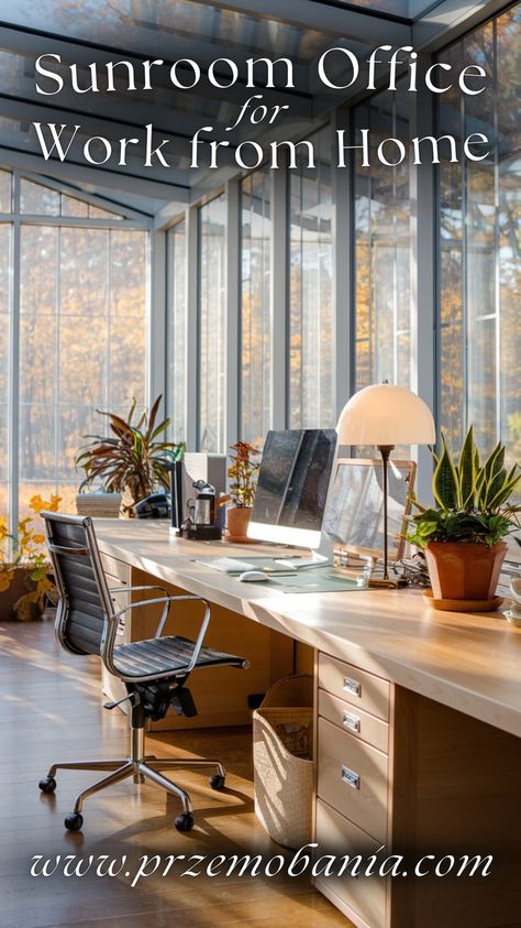 Transform your sunroom into a cozy office setup with warm autumn colors and natural light. Integrate comfy furniture, fall color palette, and large windows to create a perfect WFH environment. Add a touch of bohemian home office style & include plants for a natural vibe. This cozy house setup is ideal for enjoying the fall season while working. #Sunroom #CozyHouse #FallDecorIdeas #NaturalLight #WarmAutumnColors #HomeOfficeSetup #BohemianHomeOffice #HomeOfficeIdeas #OfficeRoomDecor #CozyRoomDecor Home Office In Conservatory, Sunroom Office Ideas, Bohemian Home Office, Curtains Or Shades, Comfy Furniture, Sunroom Office, Office With A View, Garden Home Office, Cozy Office