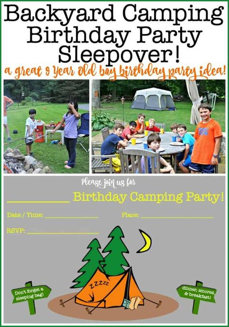 A camping birthday party- an evening filled with playing games outside, and dinner cooked at a campfire topped off with smores! What a perfect birthday party for a 9-year-old boy! Party Games Outside, Backyard Camping Sleepover, Camping Birthday Party Games, Backyard Camping Birthday Party, Camping Sleepover, Camping Party Games, Campout Party, Games Outside, Backyard Campout