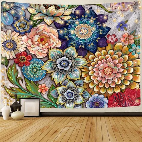 Hippie Wall Decor, Flower Tapestry, Colorful Tapestry, Bright Boho, Bedroom Wall Hangings, Boho Tapestry, Boho Fabric, Bilik Tidur, Floral Tapestry