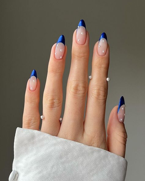 Embellished Blue Blue Prom Nails, Blue And Silver Nails, Royal Blue Nails, Blue French Tips, Water Marble, Blue Nail Designs, Pearl Nails, Polish Colors, New Year's Nails