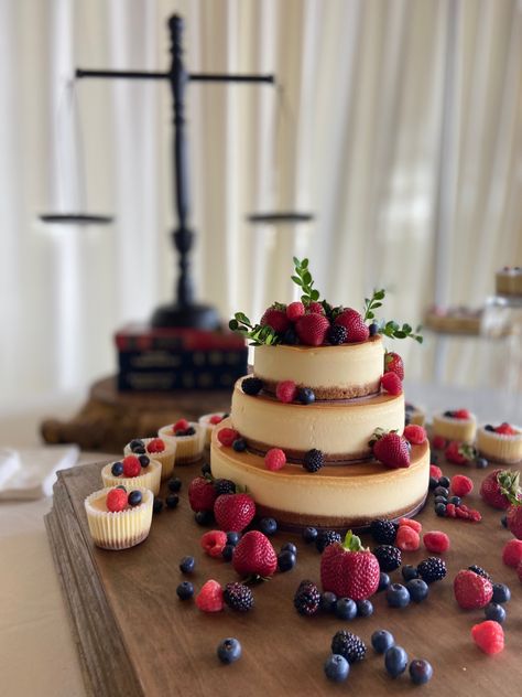 Diy Wedding Cheesecake, Cheesecake For Grooms Cake, Cheesecake Tier Cake, Stacked Cheesecake Wedding, Fall Cheesecake Wedding Cake, Wedding Cakes That Aren't Cakes, Cheesecake For Wedding Cake, Simple Wedding Cheesecake, Cheesecake Wedding Display