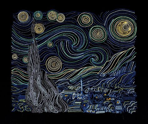 Starry Night – Van Gogh – String Theory Fabric Art Christmas Tree Embroidery Design, Starry Night Painting, String Theory, Antique Sewing Machines, Starry Night Van Gogh, Punch Needle Embroidery, Embroidery Motifs, Machine Applique, Night Painting