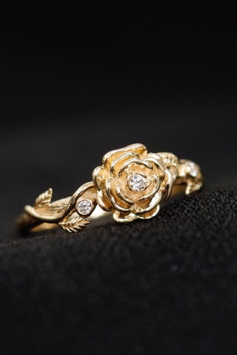 Rose Flower Ring with Moissanite, Art Nouveau Flower Ring, Flower Gift Anniversary, Gold Elegant Flower Engagement Ring, Dainty Ring Promise Rose Wedding Ring, Rose Wedding Rings, Rose Flower Ring, Unique Gold Jewelry Designs, Flower Wedding Ring, Engagement Ring Dainty, White Veil, Flower Engagement, Art Nouveau Flowers