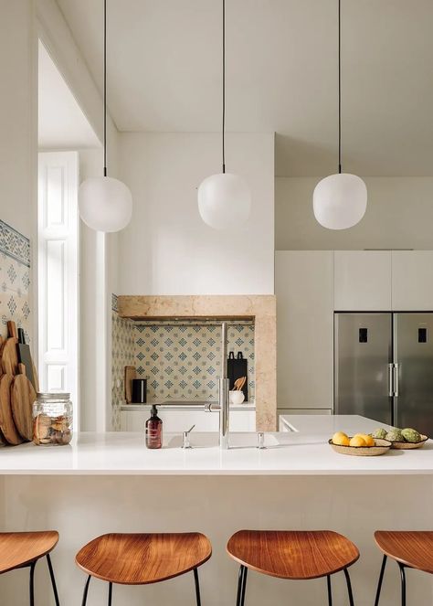 Kitchen with wooden Gubi stools and classic Portugese backsplash. Modern Color Kitchen, Spanish Style Interior Design, Ikea Wall Shelves, Tufted Mattress, Backsplash Diy, Fluted Wood, Lisbon Apartment, Ikea Wall, Terracotta Roof