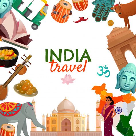 India travel background Free Vector | Premium Vector #Freepik #vector #background #frame #travel #book Music Instruments Illustration, Incredible India Posters, India Drawing, Illustration Indian, Travel Background, India Poster, India Painting, India Flag, India Culture