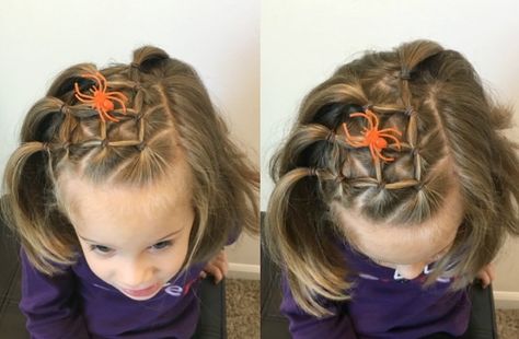 Spiderman Hairstyle Girl, Crazy Hair Day Spider Web, Crazy Hair Day Girls Short Hair, Spider Web Hairstyle, Spiderweb Hairstyle, Spiderweb Hair Design, Halloween Hair For Kids, Halloween Toddler Hair, Web Hairstyle