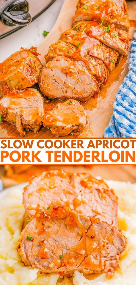 Slow Cooker Apricot Glazed Pork Tenderloin - Averie Cooks Apricot Pork Tenderloin, Apricot Glazed Pork Tenderloin, Tenderloin Pork, Easy Slow Cooker Dinner, Pork Sliders Recipes, Apricot Pork, Pork Chops And Applesauce, Leftover Pork Tenderloin, Glazed Pork Tenderloin