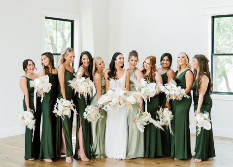 Bridesmaid Dress Shades, Revelry Bridesmaid Dresses, Revelry Bridesmaid, All Shades Of Green, Forest Green Bridesmaid Dresses, Mix Match Bridesmaids, Dark Green Wedding, Bridal Parties Colors, Dark Green Bridesmaid Dress