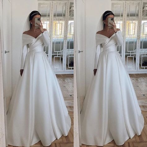 Simple Satin Wedding Dresses Long Sleeves Off Shoulder Full Length Bridal Gowns | eBay Over Shoulder Wedding Dress, Wedding Dresses Long Sleeve A Line, Long Sleeve Satin Ballgown Wedding Dresses, Slight Off The Shoulder Wedding Dress, Winter Wedding Dress Satin, Off White Satin Wedding Dress, Wedding Dresses Long Sleeve Satin, Long Sleeve Satin Wedding Dress Plus Size, Wedding Dresses With Sleeves Off The Shoulder