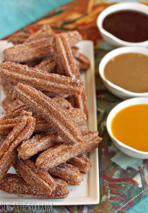 Churros With Three Dipping Sauces | SugarHero.com Churros Recipes, Churro Recipes, Mexican Favorites, Homemade Churros, Fried Dessert, Kitchen Aid Recipes, Spicy Chocolate, Potato Sticks, Churros Recipe