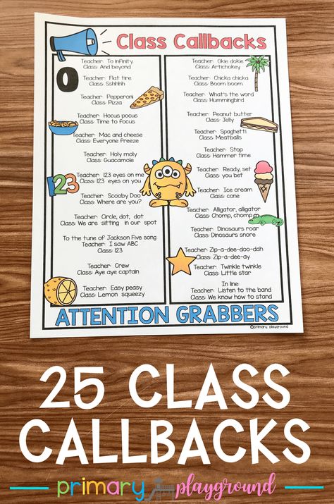 25 Class Callbacks-Attention Grabbers - Primary Playground Classroom Attention Grabbers, Classroom Chants, Primary Playground, Attention Grabber, Attention Grabbers, Classroom Behavior Management, Whole Brain Teaching, 3rd Grade Classroom, Class Management