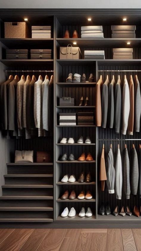 Guys Closet Ideas, Small Wardrobe Design Ideas, Guy Closet Ideas, Custom Closet Ideas Small Walk In, Man Closet Ideas, Aesthetic Wardrobe Design, Suit Closet Organization, Mens Wardrobe Design, Men Wardrobe Design