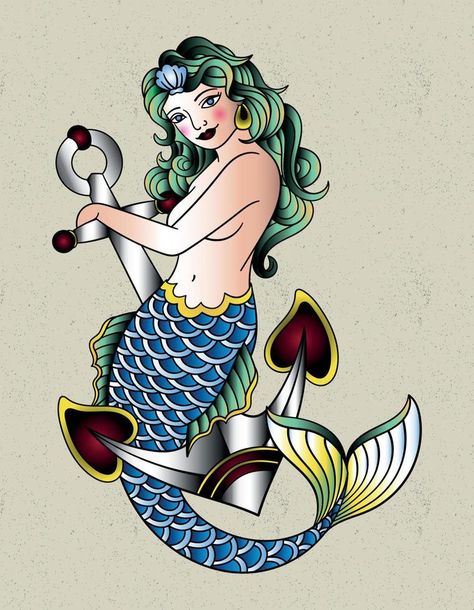 Mermaid Tattoo Traditional, Traditional Mermaid Tattoos, Tattoo Mermaid, Mermaid Tattoo Designs, Pin Up Girl Tattoo, Birthday Tattoo, Mermaid Kids, Nautical Tattoo, Kawaii Tattoo