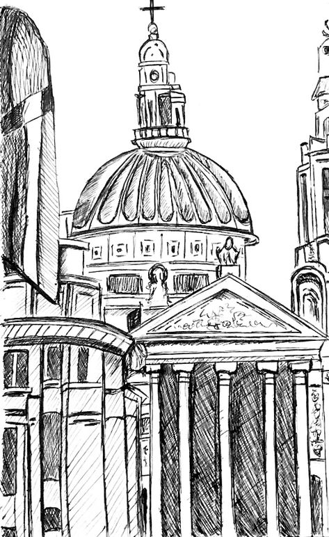 Black Ballpoint Pen Ballpoint Pen Drawing Simple, Cathedral Sketch, Black Pen Sketches, Ballpoint Pen Art, Pen Doodles, Simple Building, Ballpoint Pen Drawing, Building Drawing, Art Area