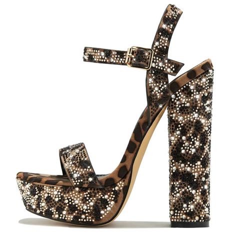 Elevate your style with these striking brown black leopard print crystal platform block heel sandals. Featuring a bold design, ankle strap, and comfortable platform for fashion-forward elegance. Color: Brown black Heel Type: Block heel Heel Height: 5.47'' / 139 mm approx Platform Height: 2'' / 50 mm approx Product measurements were taken using size 8. Please note that measurements may vary by size. Toe: Open toe All-over rhinestone design Adjustable buckled ankle strap design Handcrafted US sizing. Fits true to size. High Heel Sandals Platform, Cheetah Print Heels, Cowboy Shoes, Leopard Print Boots, Open Toe Boots, Dance Heels, Leopard Print Heels, Shoes Outfit Fashion, Leopard Shoes