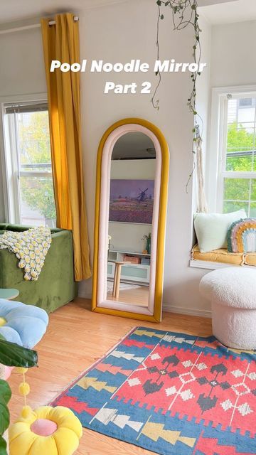 Diy Headboard Ideas Pool Noodles, Cheap Full Length Mirror Makeover, Diy Painted Mirror Frame Ideas, Pool Noodle Wall Decor, Pool Noodle Mirror Frame, Rectangular Mirror Decor Diy, Pool Noodle Furniture Diy, Diy Pool Noodle Headboard, Pool Noodle Furniture