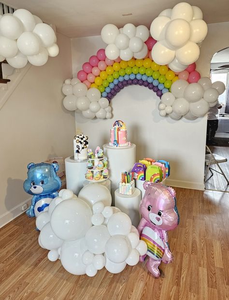 Care Bear Diy Decorations, Care Bear Decorations Party Ideas, Care Bears Birthday Party Decorations Diy, Care Bare Birthday Party Ideas, Care Bear Trunk Or Treat, Carebear Decoration, Care Bear Balloon Arch, Care Bear Party Games, Care Bear Birthday Theme