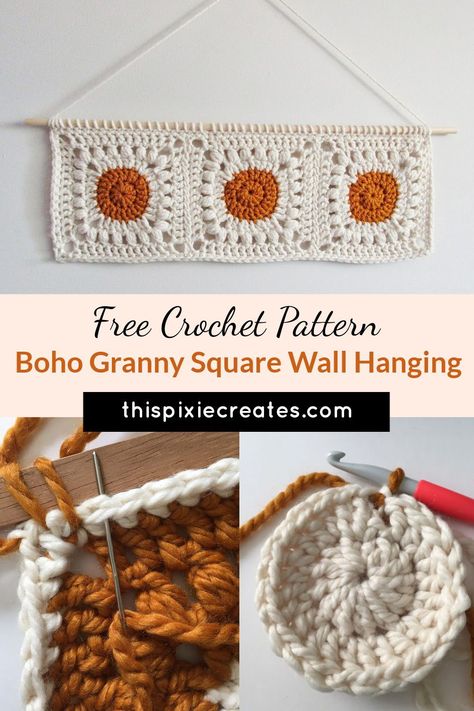 Do you love making granny squares? Or do you have a few in your stash that you want to use in a project? If so, then this is the perfect crochet project for you. Learn to turn these granny squares into a beautiful, modern, and BOHO inspired, crochet wall hanging. If you are a beginner, this is a great project to try because there are lots of step-by-step pictures to help you along the way. This crochet wall hanging is also a great way to use up your yarn scraps. I hope you enjoy making it! Crochet Boho Granny Square, Crochet Boho Decor Ideas, Crochet Boho Decor Free Pattern, Crochet Wall Hanging Patterns Free, Granny Square Decor, Crichey Wall Art, Crochet Square Wall Hanging, Boho Granny Square Pattern, Granny Square Tapestry