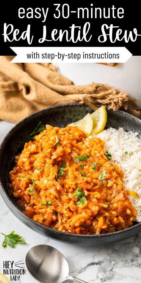 This easy Red Lentil Stew recipe is the perfect weeknight dinner when you want something healthy, quick, and delicious. It's completely vegan, loaded with veggies, and comes together in under 30 minutes. Make Instant Pot Lentil Stew or cook it on your stove top, and serve with rice or pasta. Top with chili flakes if you want to bring the heat, or leave it as is for the kids. Red Lentil Rice Recipes, Red Lentil Recipes Instant Pot, Red Lentils And Rice, Red Lentil Crock Pot Recipes, Red Lentil Stew Recipes, Red Lentil And Rice Recipes, Lentil Vegetarian Recipes, Red Lentils Recipe Easy, Easy Red Lentil Recipes