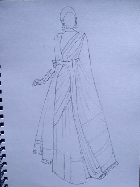 Saree Draping Illustration Sketches, Saree Flat Sketch, Dress Design Sketches Indian, Saree Croquis, Pencil Fashion Sketches, Traditional Dress Sketch Illustrations, Indian Fashion Drawing, Sarees Illustration, Saree Illustration Fashion Sketch