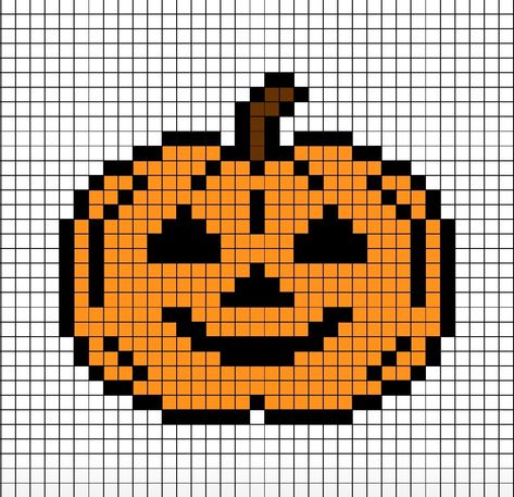 A festive pixel art template of a smiling cartoon, un-lit pumpkin. Pixel Drawing Halloween, Graph Paper Art Halloween, Jack O Lantern Pixel Art, Pixel Crochet Halloween, Pumpkin Grid Pattern, Halloween Crochet Pixel Grid, Picsel Art Easy Cute, Easy Halloween Cross Stitch Patterns, Haunted House Pixel Art