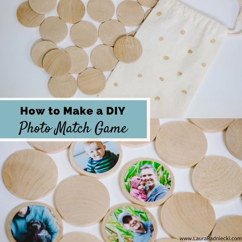 How to make a homemade diy photo memory match game out of photos and wooden circles. Could also teach colors, shapes and patterns too. A great gift! Matching Games For Toddlers, Memory Match Game, Memory Games For Kids, Match Game, Toddler Activity, Diy Gifts For Kids, Cool Gifts For Kids, Learn Crafts, Cadeau Diy