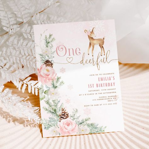 One-deer-ful 1st birthday invitation. Winter deer Invitation Deer Birthday Invitations, Deer Birthday Party, Deer Birthday, Deer Theme, Christmas Elegant, Winter Deer, 1st Birthday Invitation, Elegant Baby, 1st Birthday Invitations