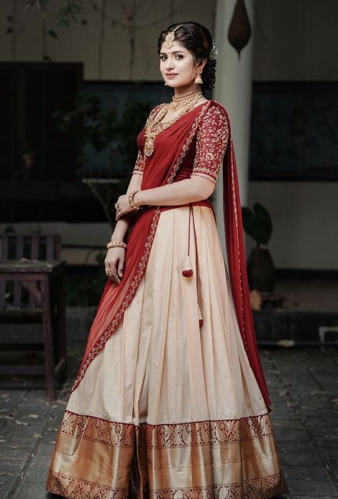 South Indian Style Half Saree, Traditional Dhavani Set, Grand Half Saree For Wedding, Traditional Dresses For Engagement, Red Pattu Half Saree, South Indian Langa Voni, Marriage Outfits For Women Traditional, Simple Davani Half Saree Kerala, Lehanga Simple Blouse Designs