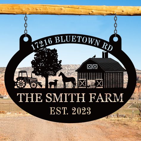 PRICES MAY VARY. Personalized Farmhouse Decor: Our personalized metal farm sign offer an extraordinary addition to your house decor! Personalize your own metal farm sign with your family name or custom text and it will be cherished by your family for years to come. The farm wall decor also lend rustic elegance to a wall or old world charm to an indoor and outdoor space. Best Unique Gift: This personalized metal ranch sign is perfect as holiday gifts, birthday gifts, wedding anniversary gifts, ho Metal Sign Display Ideas, Metal Custom Signs, Metal Farm Signs, Wooden Farm Signs, Metal Ranch Sign, Laser Cut Signs, Farmhouse Decor Christmas, Metal Farm Sign, Farm Wall Decor