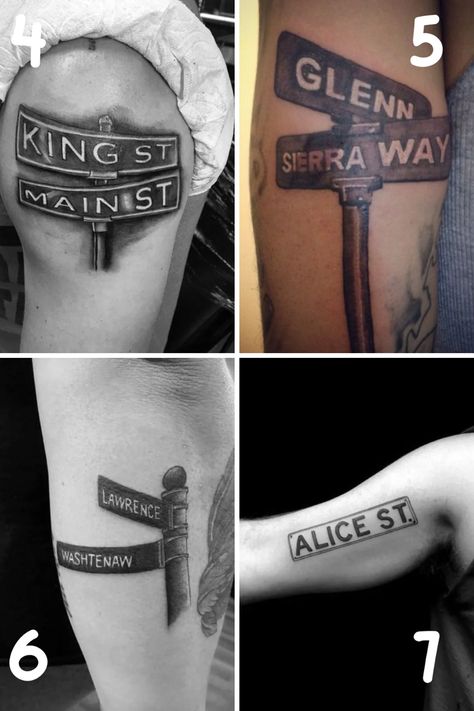 Street Tattoo Designs with a Deeper Meaning - TattooGlee Street Name Tattoo Ideas, Street Name Tattoo, Street Sign Tattoo Design, Street Tattoo Ideas, Street Tattoos For Men, Deep Meaning Tattoos For Men, Highway Tattoo, Street Sign Tattoo, St Tattoo