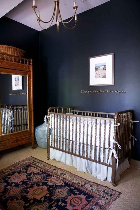 21 Dark Nurseries That Are Surprisingly Cheerful | Buzzfeed Dark Nursery, Nursery Ideas Boy, Black Nursery, Nursery Trends, Blue Nursery, Kids Bunk Beds, Dark Walls, A Rug, Nursery Inspiration