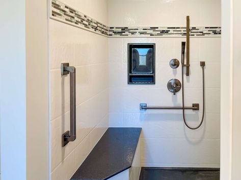 Walk In Shower Grab Bar Placement, Where To Place Grab Bars In Showers, Shower With Grab Bars, Remove Bathtub, Steam Room Shower, Shower Grab Bar, Master Bath Renovation, Grab Bars In Bathroom, Accessible Bathroom