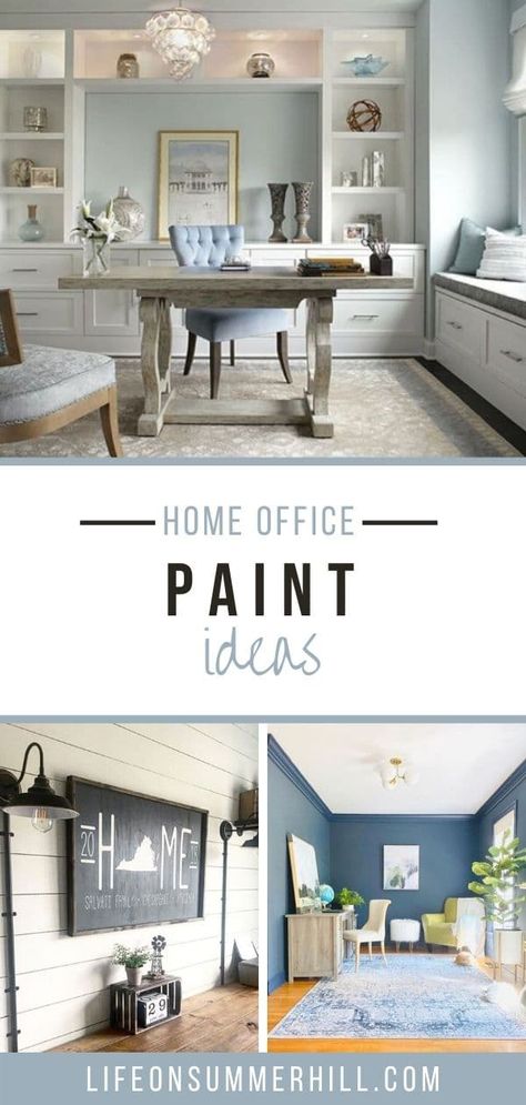 Small Office Space Paint Colors, Office With Colored Wall, Office Paint Colors With White Furniture, Farmhouse Office Wall Color, Painting Ideas For Office Walls, Decorating Office Walls At Work, 2023 Office Colors, Office Decor Paint Wall Colors, Calming Office Paint Colors Sherwin Williams