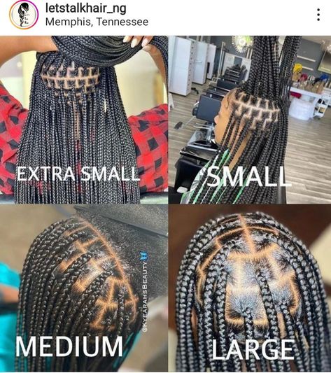 Braid Part Size Chart, Braiding Pattern For Knotless Braids, Knotless Braid Size Chart, Knotless Size Chart, Knotless Braids Sizes, Knotless Braids Size Chart, Box Braids Parting Guide, Box Braids Sizes, Healthy Black Hair