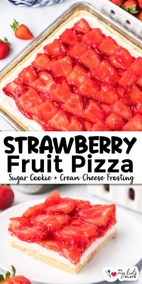 Glazed Strawberry Pizza is a dessert pizza that has a sugar cookie crust, and is topped with a cream cheese frosting layer, fresh strawberries and a sweet strawberry glaze! This sweet fruit pizza will be a hit with your family and friends, and is the best combination of cookie, pizza and strawberry pie! Chocolate Pudding Dessert Pizza, Strawberry Pizza Recipe, Strawberry Fruit Pizza, Glazed Strawberries, Sugar Cookie Pizza, Strawberry Pizza, Pizza Fruit, Mini Fruit Pizzas, Pizza Buffet