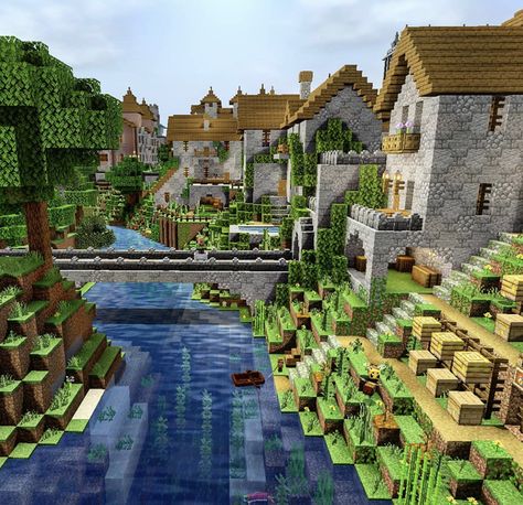 Minecraft Lake Village, River Town Minecraft, Minecraft Water Village, Minecraft Stream, Minecraft Sidewalk, Minecraft River Village, Minecraft Stone Path, Minecraft Hillside House, Minecraft Magic