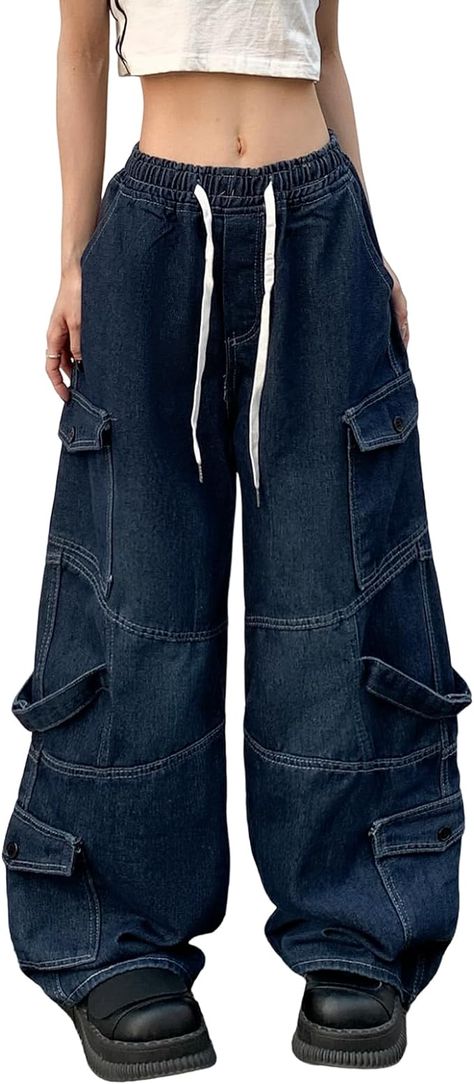 Baggy Jeans for Women High Waist Y2K Boyfriend Casual Loose Wide Leg Drawstring Cargo Pants with Pockets Y2k Boyfriend, Cargo Pants With Pockets, Baggy Jeans For Women, Baggy Cargo Jeans, Drawstring Cargo Pants, Clothes Diy, Girlie Style, Quick Outfits, Pants With Pockets